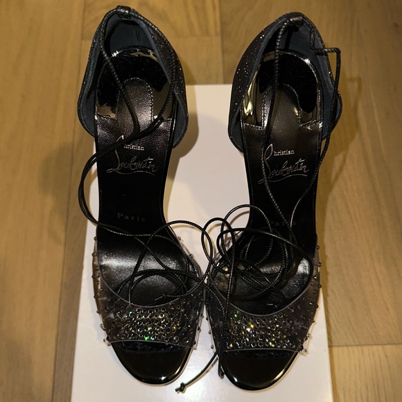 NEW Christian Louboutin Degratina Black Glitter Rhinestone PVC Sandal Tie Heels - Picture 5 of 11